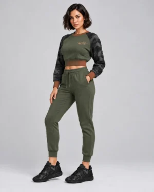 Roc Street Olive Green Camo-Sleeve Cropped Activewear Top