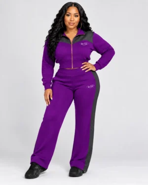 Purple Luxe Track Suit Set – Zip-Up Jacket & Wide-Leg Pants
