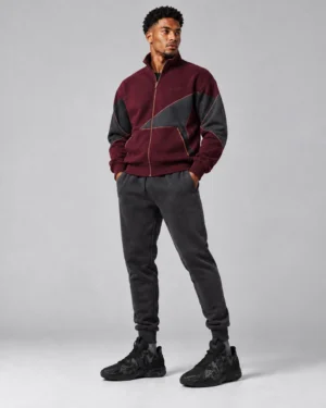 Burgundy Contrast Panel Track Jacket & Charcoal Joggers – Modern Streetwear Tracksuit