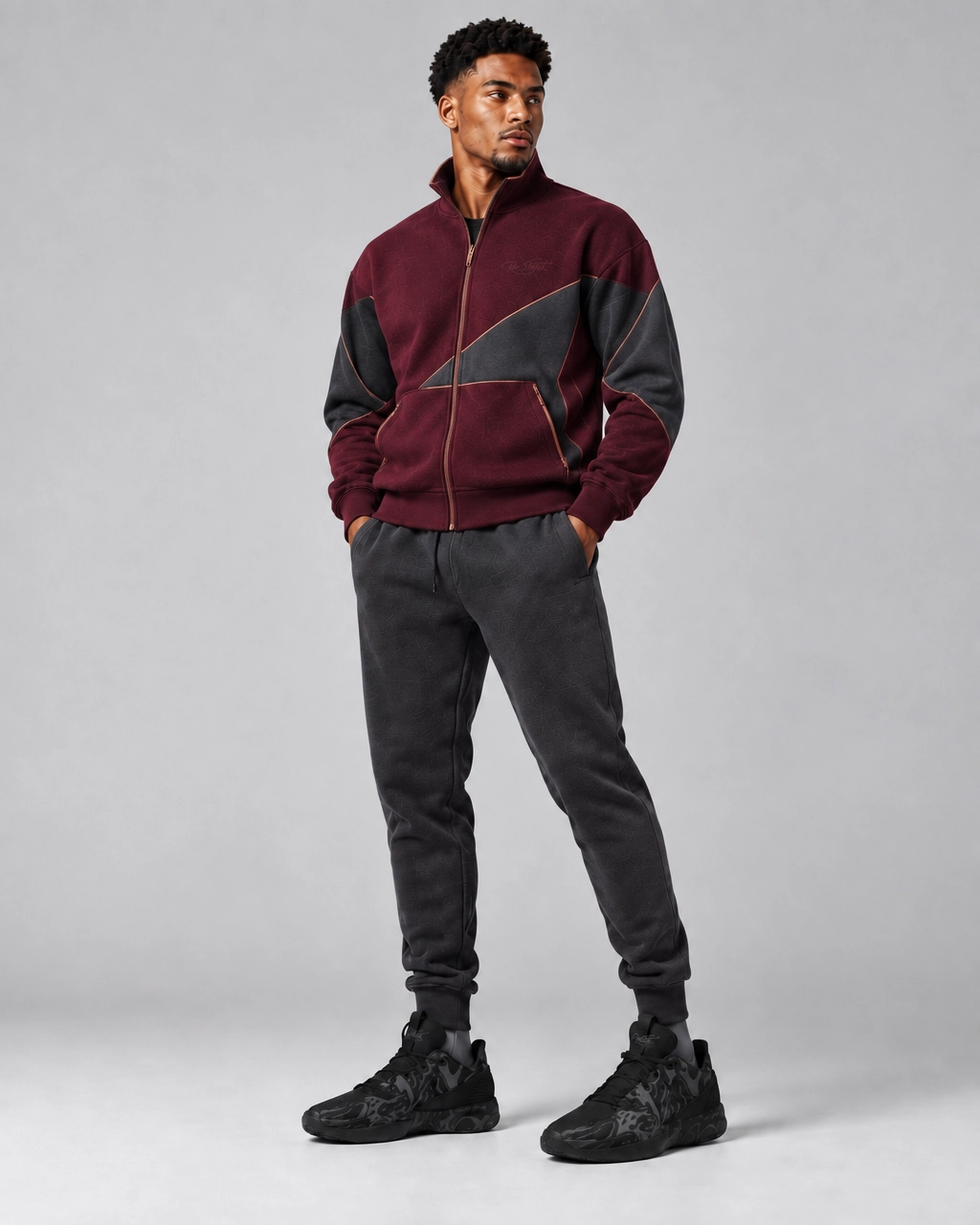 Burgundy Contrast Panel Track Jacket & Charcoal Joggers – Modern Streetwear Tracksuit