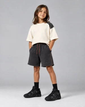 Ivory & Charcoal Girls’ Oversized Tee & Utility Shorts Set – Colorblock Streetwear Outfit