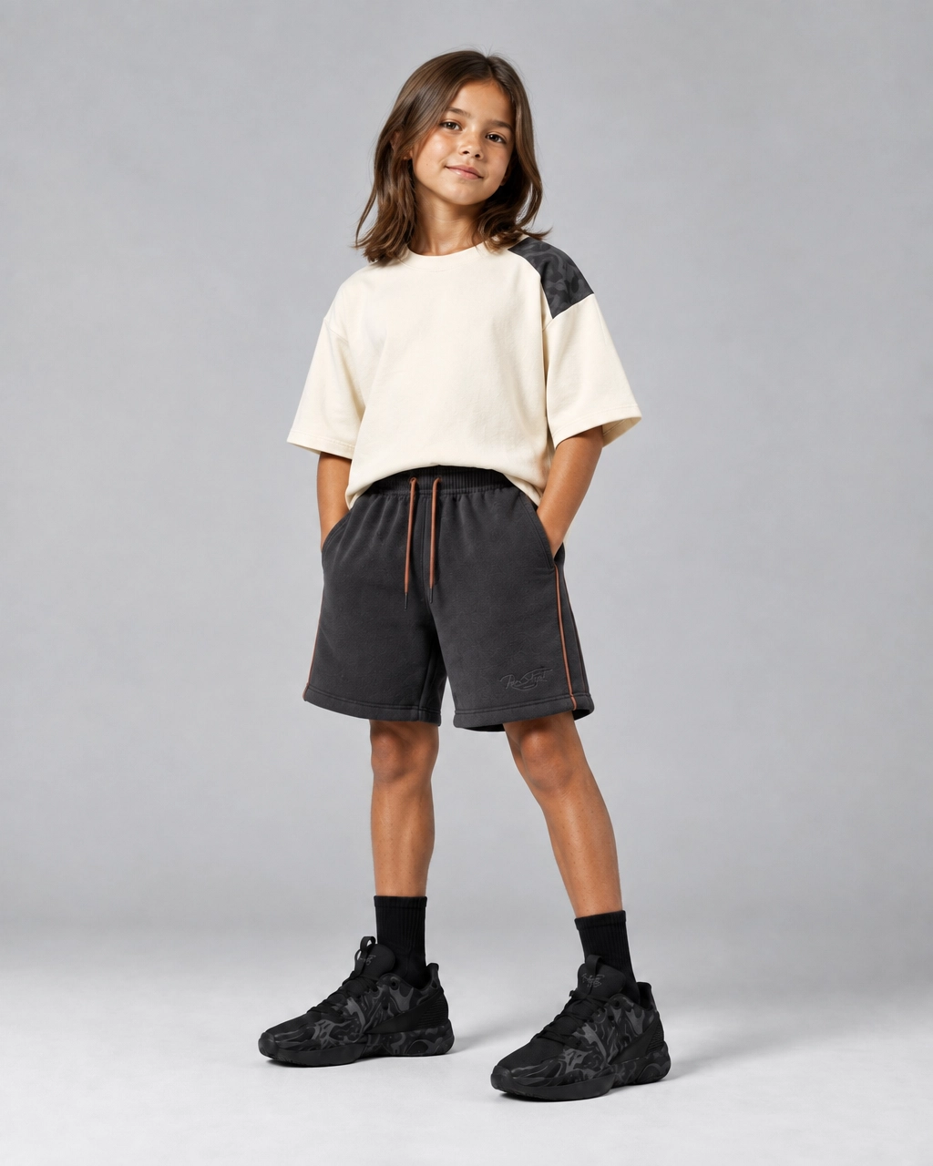 Ivory & Charcoal Girls’ Oversized Tee & Utility Shorts Set – Colorblock Streetwear Outfit