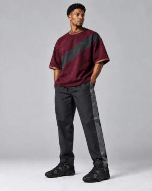 Burgundy Contrast Panel Oversized T-Shirt & Cargo Track Pants Set – Modern Streetwear Co-Ord