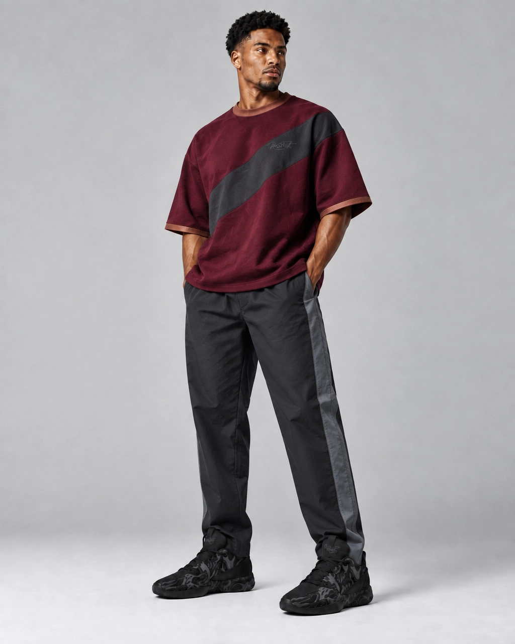 Burgundy Contrast Panel Oversized T-Shirt & Cargo Track Pants Set – Modern Streetwear Co-Ord
