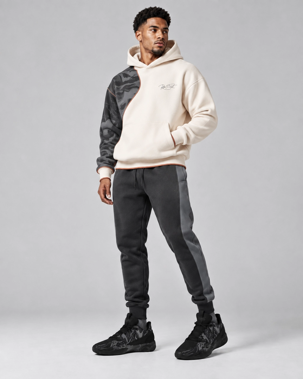 Cream & Charcoal Panel Hoodie – Two-Tone Streetwear Pullover