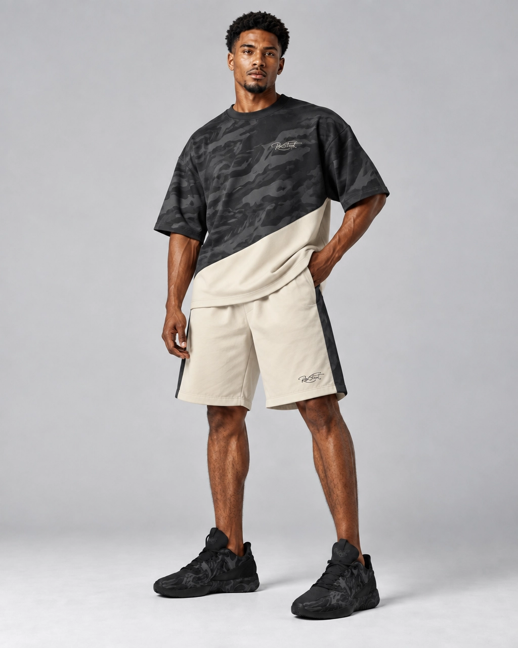 Shadow Camo Panel Tee & Cream Utility Shorts Set – Oversized Streetwear Co-Ord - Image 2