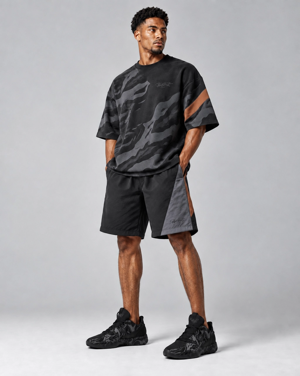 Shadow Camo Oversized T-Shirt & Shorts Set – Black Streetwear Co-Ord - Image 2