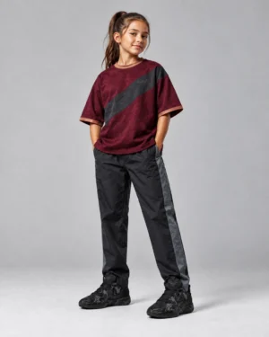 Burgundy Diagonal Stripe Oversized Tee – Women’s Relaxed Streetwear T-Shirt