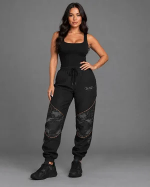 Women’s Black Sleeveless Jumpsuit with Grey Camo Knee Panels – Utility Jogger Romper