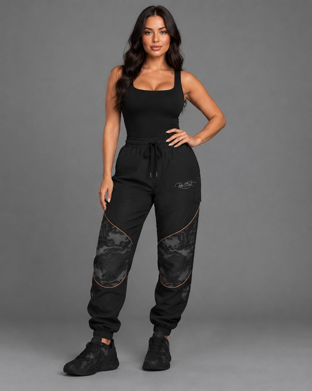 Women’s Black Sleeveless Jumpsuit with Grey Camo Knee Panels – Utility Jogger Romper
