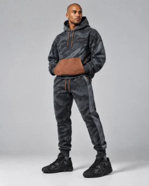 Charcoal Camo Hoodie & Jogger Set – Burnt Orange Contrast Streetwear Tracksuit