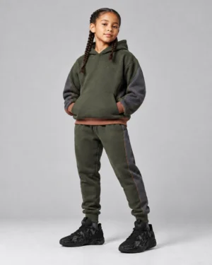 Olive Green Kids’ Hoodie & Jogger Set – Colorblock Fleece Tracksuit