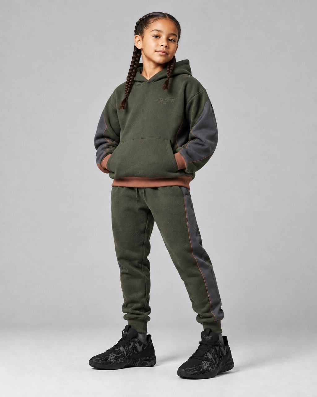 Olive Green Kids’ Hoodie & Jogger Set – Colorblock Fleece Tracksuit