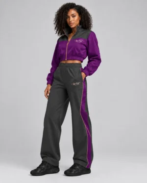 Purple & Charcoal Track Suit Set – Cropped Zip-Up Jacket & Wide-Leg Pants