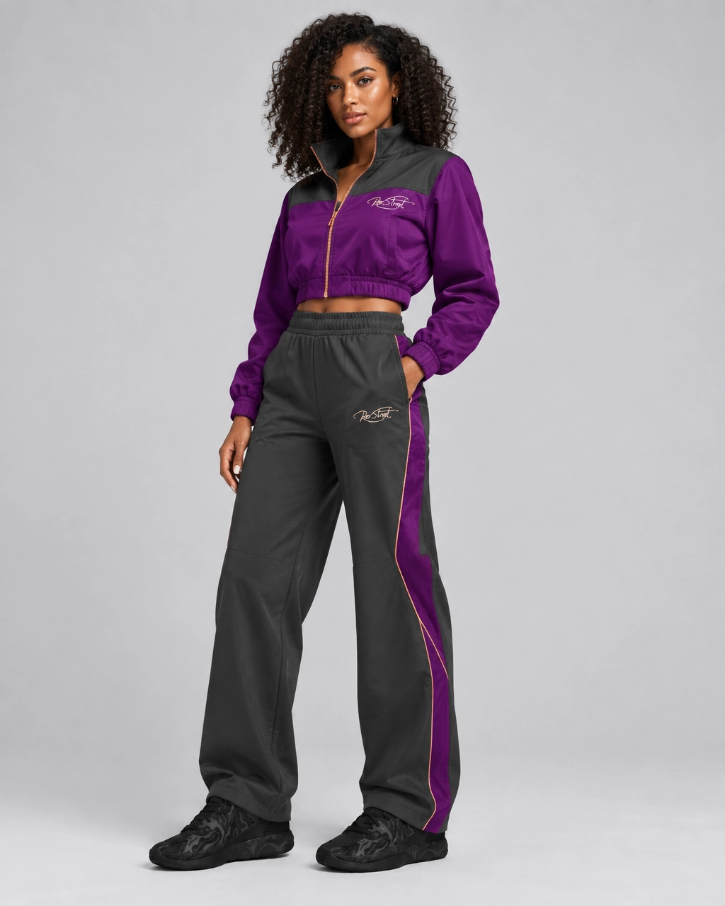 Purple & Charcoal Track Suit Set – Cropped Zip-Up Jacket & Wide-Leg Pants