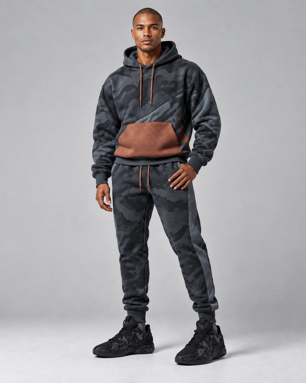 Charcoal Camo Hoodie & Jogger Set – Burnt Orange Contrast Streetwear Tracksuit - Image 2