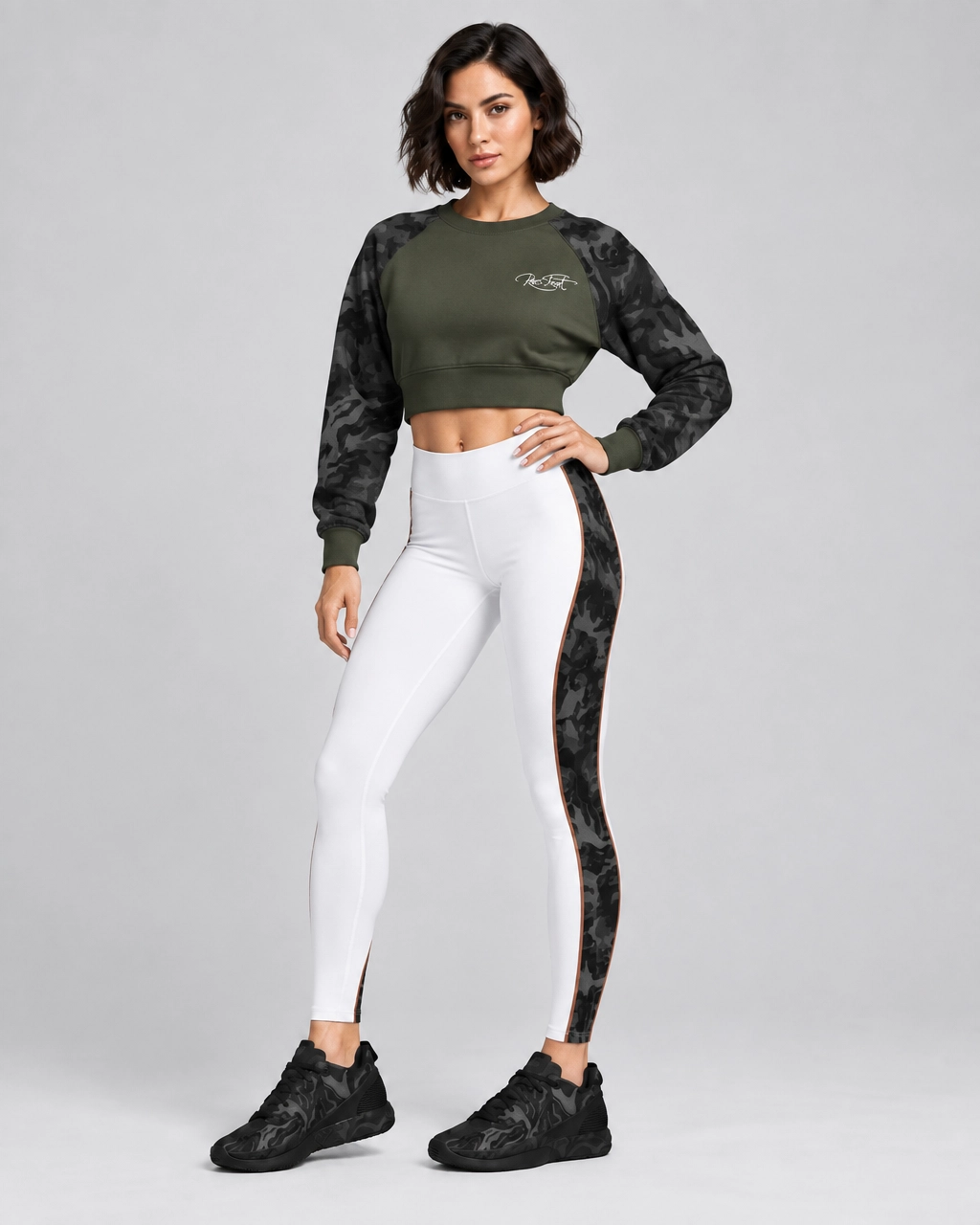 Roc Street Olive Green Camo-Sleeve Cropped Activewear Top