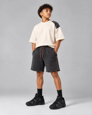 Ivory & Charcoal Kids’ Oversized Tee & Utility Shorts Set – Colorblock Streetwear Outfit