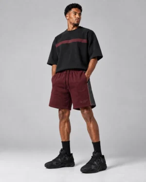 Burgundy Contrast Stripe Tee & Utility Shorts – Relaxed Streetwear Co-Ord
