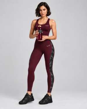 Burgundy Camo Panel Activewear Set – Performance Tank Top & High-Rise Leggings