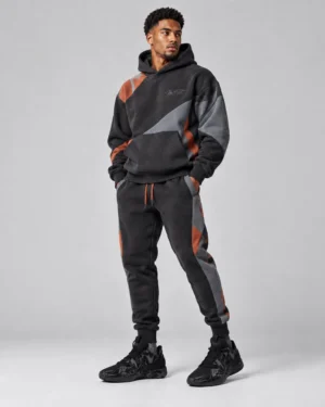 Black & Burnt Orange Tech Fleece Tracksuit – Performance Streetwear Hoodie & Joggers
