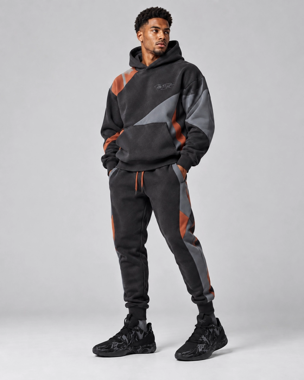 Black & Burnt Orange Tech Fleece Tracksuit – Performance Streetwear Hoodie & Joggers