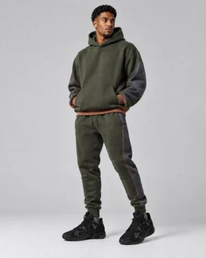 Olive Utility Hoodie & Jogger Set – Charcoal Contrast Panel Streetwear Tracksuit