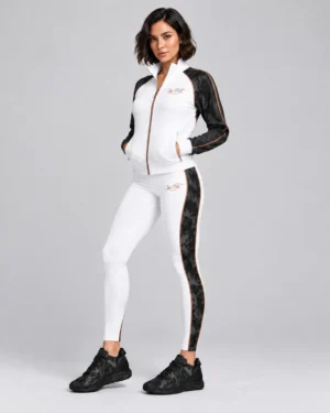 White & Black Camo Activewear Set – Zip-Up Jacket & High-Rise Leggings