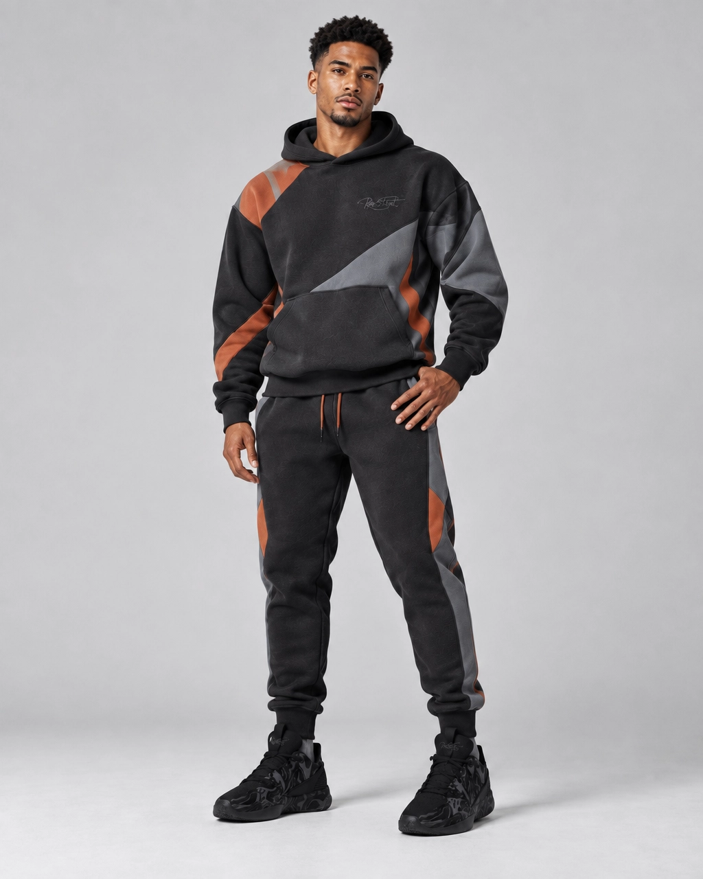 Black & Burnt Orange Tech Fleece Tracksuit – Performance Streetwear Hoodie & Joggers - Image 2