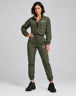 Olive Green Utility Jumpsuit Set – Zip-Up Jacket & Jogger Pants