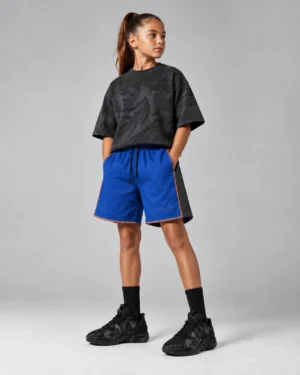 Black & Royal Blue Girls’ Graphic Tee & Athletic Shorts Set – Sporty Streetwear Outfit