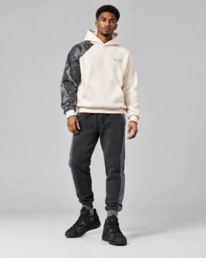 Shadow Camo Sleeve Hoodie – Off-White & Charcoal Panelled Pullover