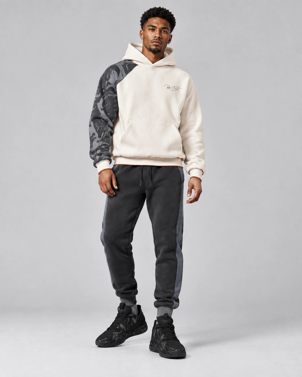 Cream & Charcoal Panel Hoodie – Two-Tone Streetwear Pullover - Image 2
