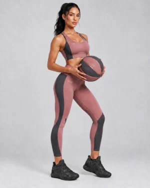 Dusty Rose & Charcoal Contrast Performance Set – Women’s Crop Tank & Leggings