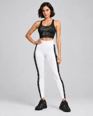 Black Marble Crop Tank & White Contrast Stripe Leggings Set – Women’s Activewear