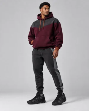 Burgundy & Charcoal Colorblock Oversized Hoodie – Two-Tone Pullover Sweatshirt