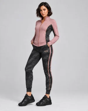 Dusty Pink & Black Camo Activewear Set – Zip-Up Jacket & Jogger Pants