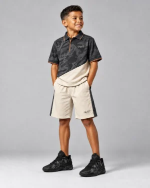 Boys’ Camo Colorblock Polo & Utility Shorts Set – Charcoal & Cream