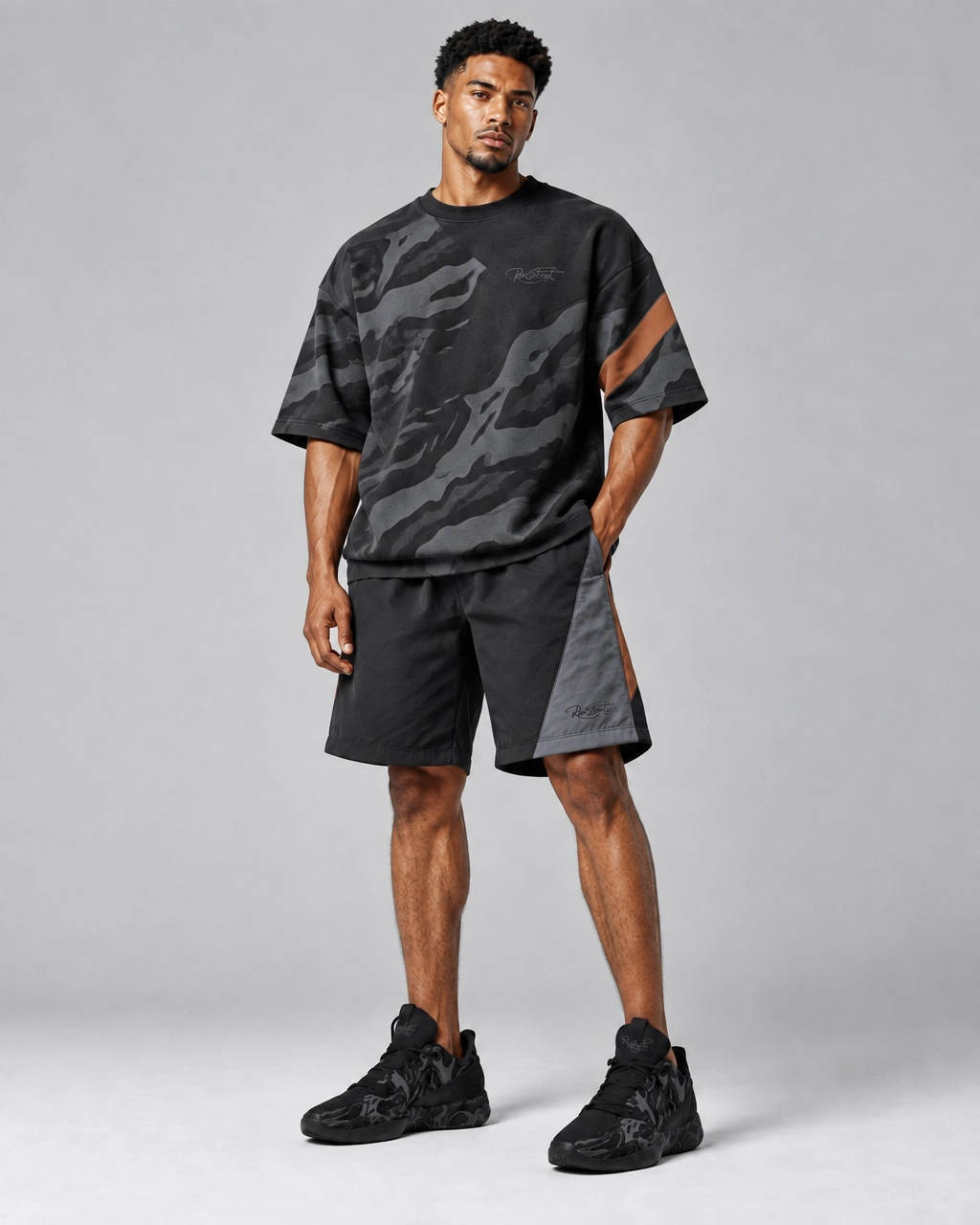 Shadow Camo Oversized T-Shirt & Shorts Set – Black Streetwear Co-Ord