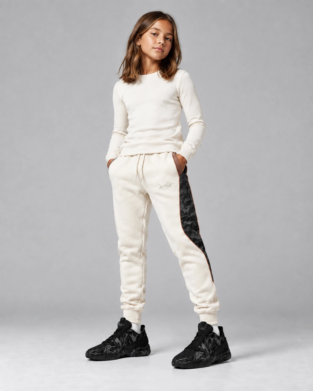 Roc Street Girls’ White & Black Camo Panel Jogger Pants