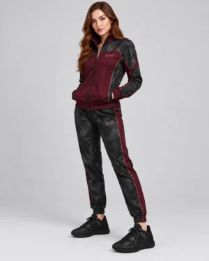 Burgundy & Black Camo Track Suit Set – Zip-Up Jacket & Jogger Pants