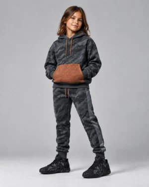 Charcoal Camo Hoodie & Jogger Set – Women’s Streetwear Tracksuit with Contrast Brown Pocket