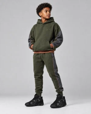 Olive Green Color-Block Hoodie & Jogger Set – Kids’ Streetwear Tracksuit
