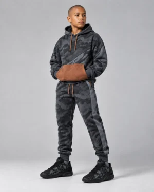 Charcoal Camo Hoodie & Jogger Set – Kids’ Streetwear Tracksuit with Contrast Brown Pocket