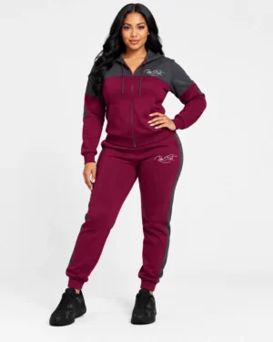 Burgundy & Charcoal Track Suit Set – Zip-Up Jacket & Jogger Pants