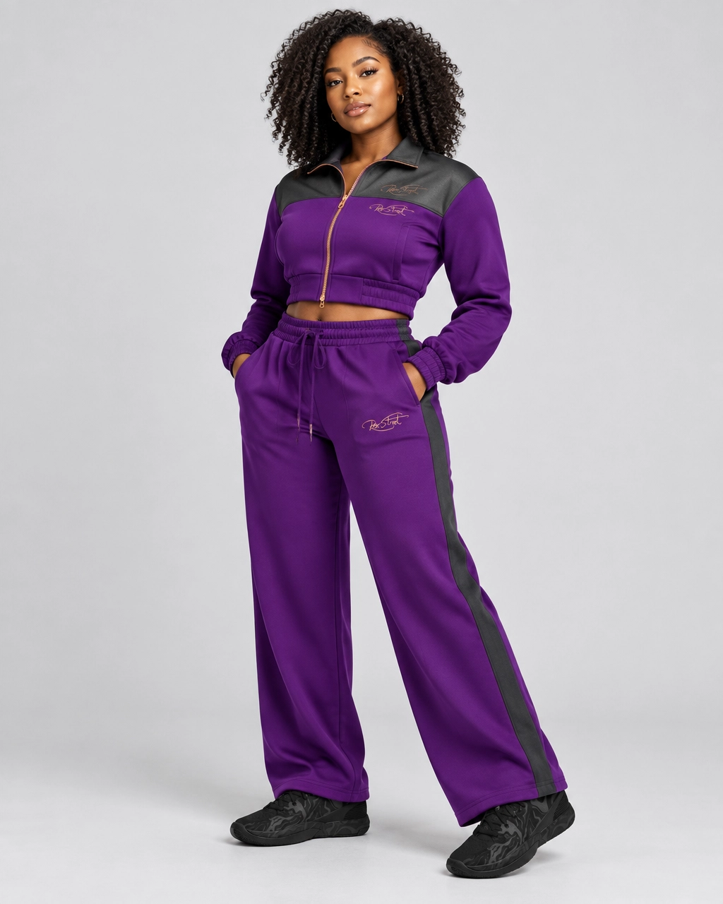 Purple Cropped Track Suit Set – Zip-Up Jacket & Wide-Leg Pants