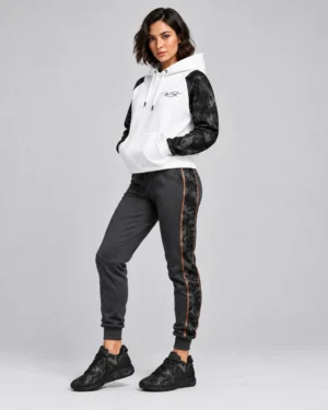 White & Black Color-Block Hoodie & Jogger Set – Women’s Contrast Activewear Tracksuit