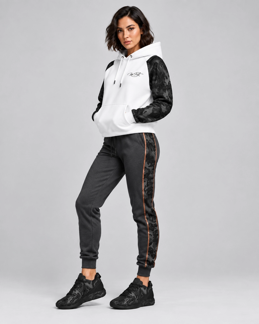 White & Black Color-Block Hoodie & Jogger Set – Women’s Contrast Activewear Tracksuit