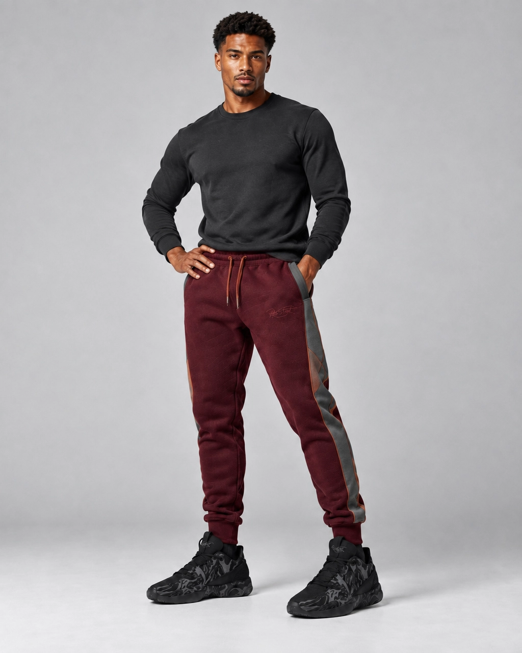 Burgundy Logo Panel Jogger Pants – Tapered Streetwear Sweatpants - Image 2