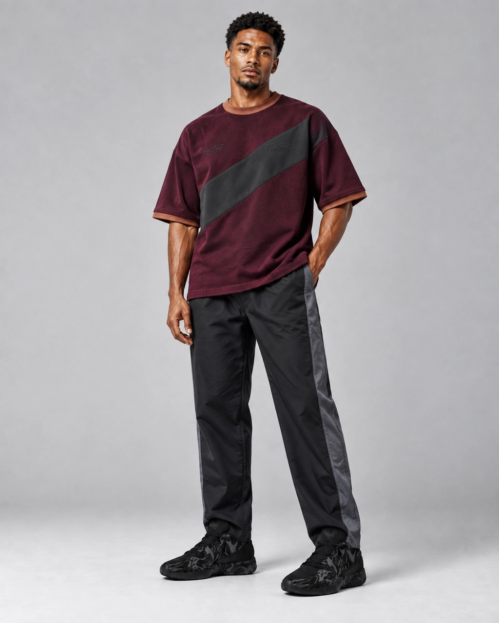 Burgundy Contrast Panel Oversized T-Shirt & Cargo Track Pants Set – Modern Streetwear Co-Ord - Image 2